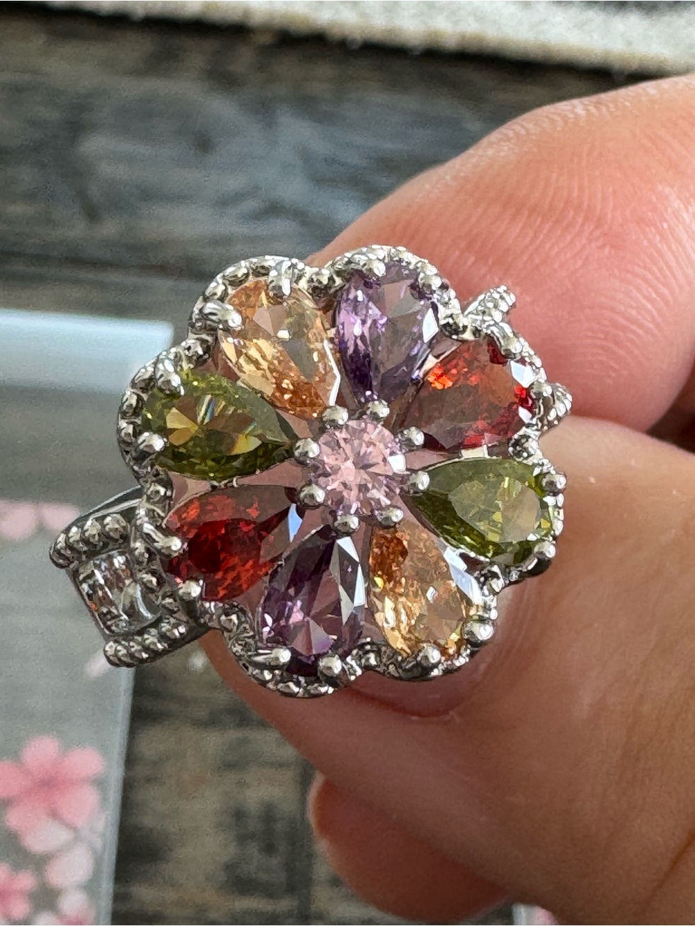 Multicolor Floral Halo Gemstone Ring - Sparkling Silver Tone